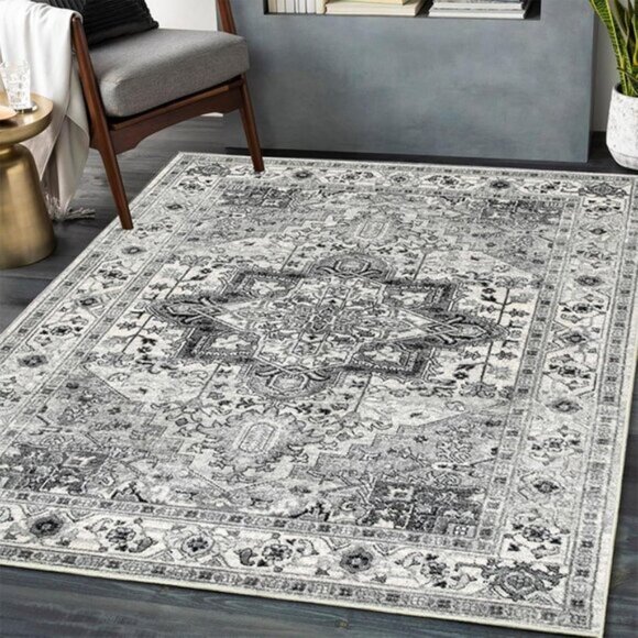 New 5x7 Gray Boho Area Rug, Washable, Ultra Soft Low-Pile Non-Slip Carpet